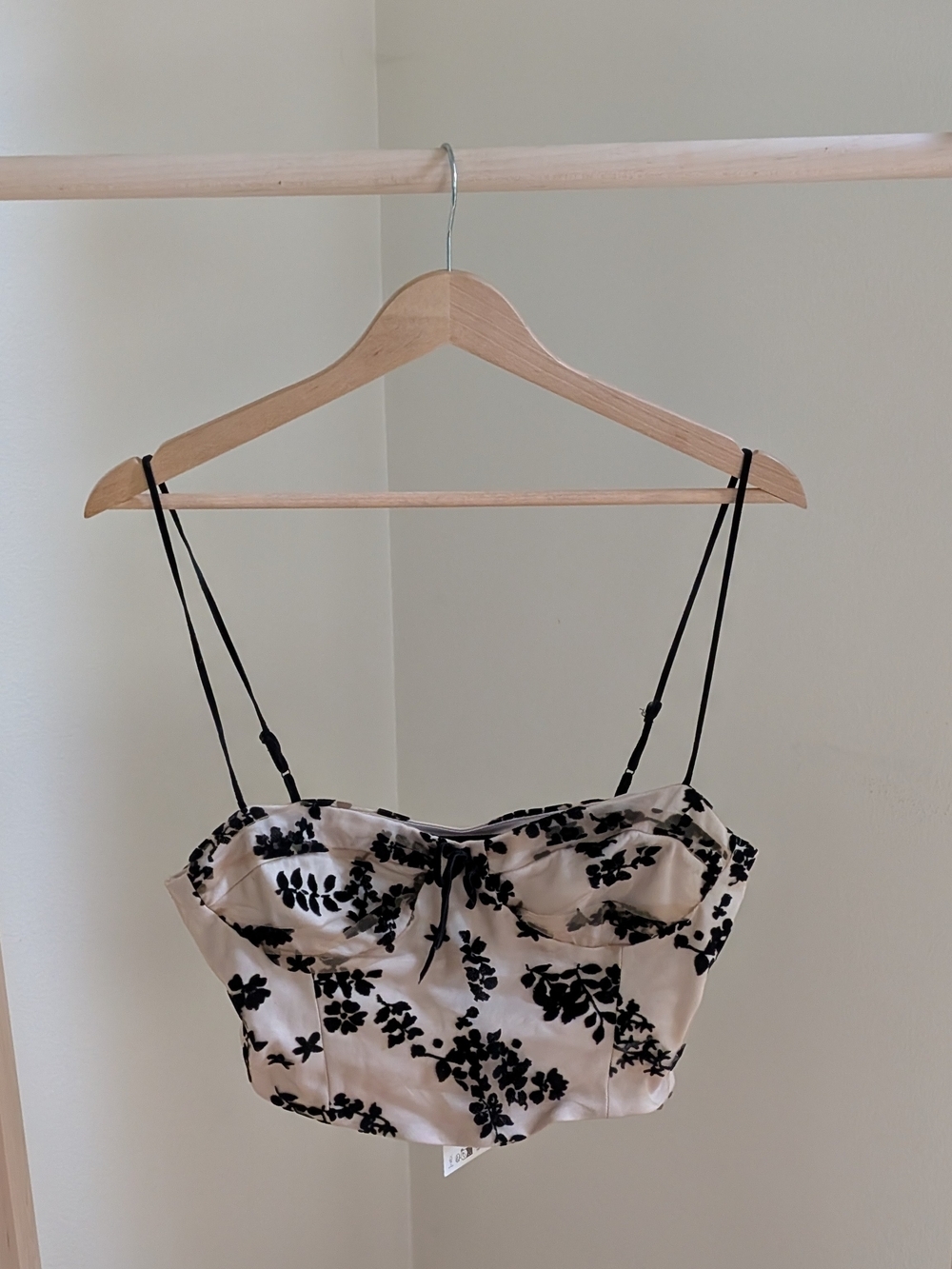 NWT Zara Corset Style Floral Satin Lace Crop Top  In Black/Cream - M